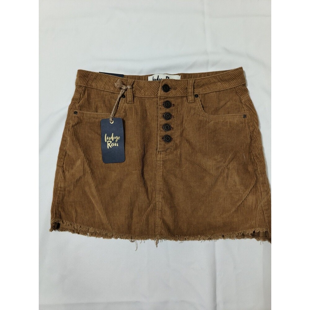 Indigo Rein Brown Corduroy Mini Skirt Button Fly Frayed Hem Women's Sz 5/26 #BJ1